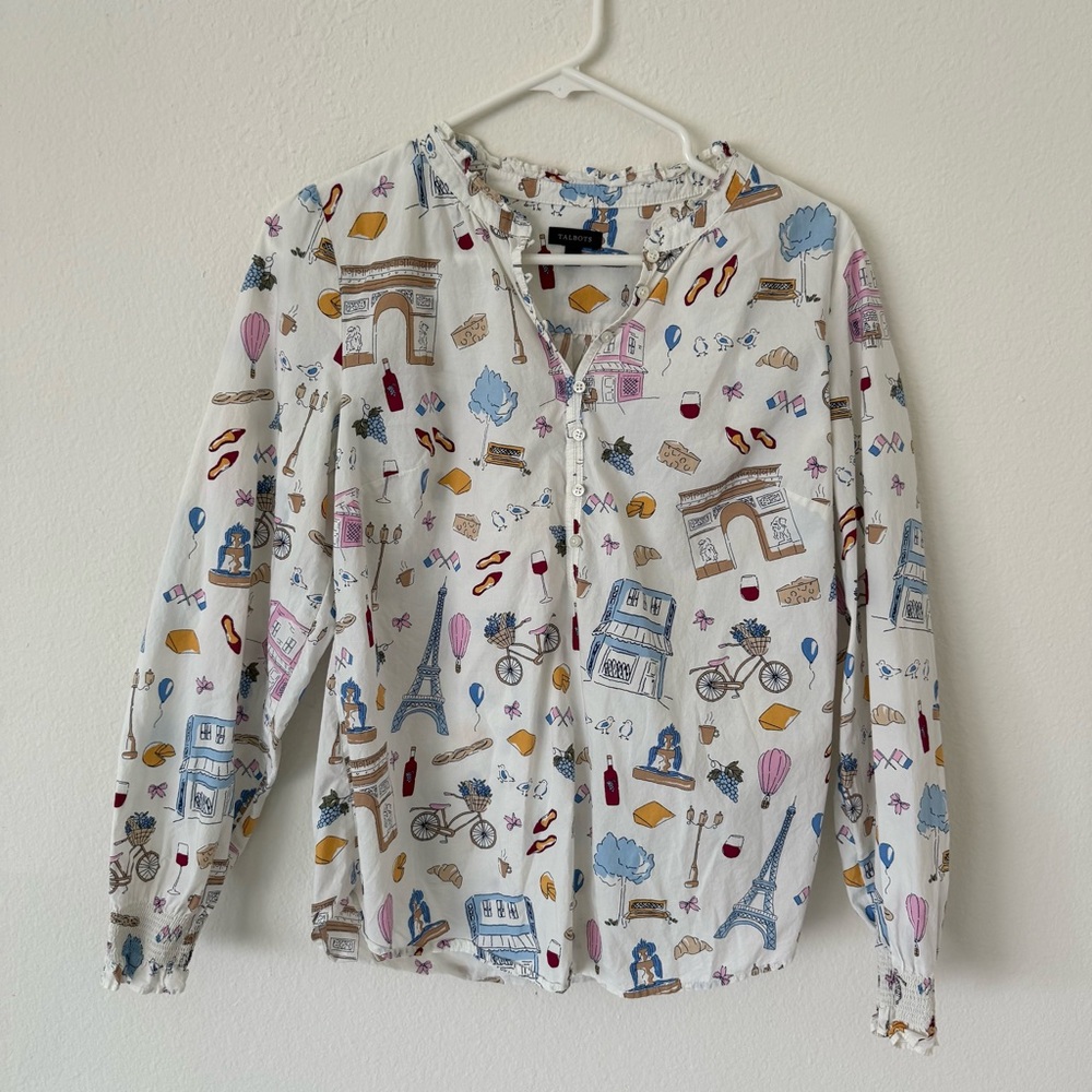 Talbots Paris Print Button Blouse | 100% Cotton | Size S | Travel Vibes